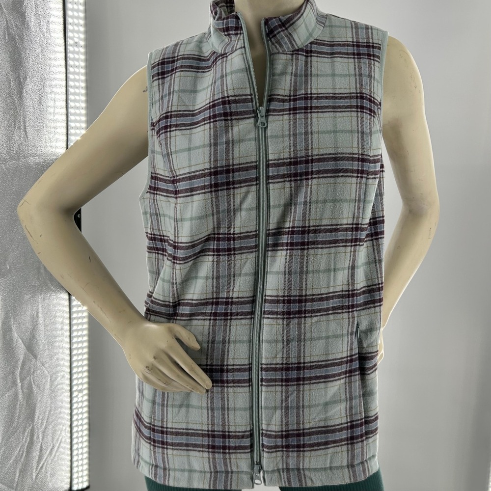 J Jill Women Plaid Fleece Vest Full Zip Stand Collar Lined Pockets M Light Blue